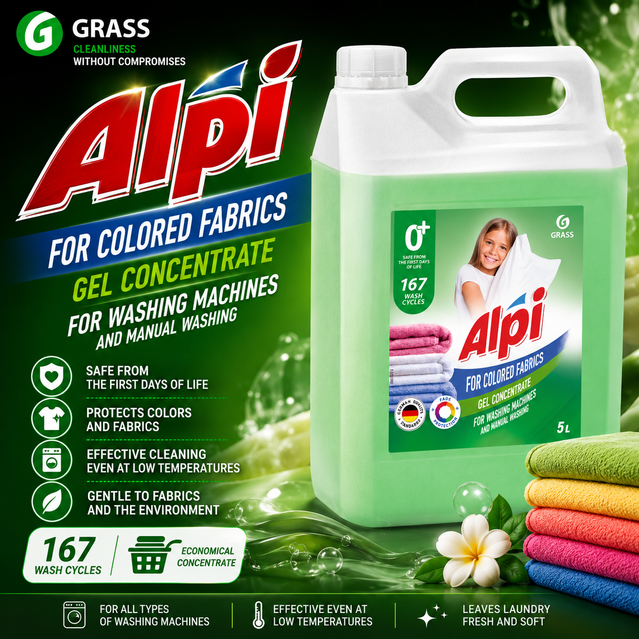 Skalbiklis spalvotiems audiniams ALPI COLOR 5 kg GRASS