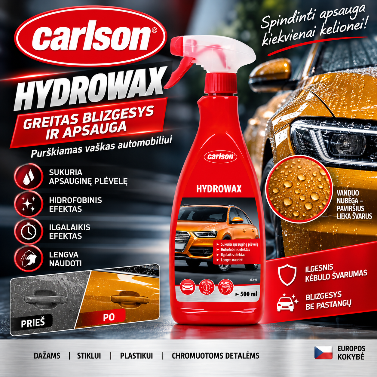 Purškiamas automobilio vaškas su hidrofobiniu efektu Hydrowax 500 ml CARLSON