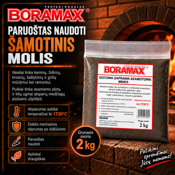 Šamotinis molis kaminam ir pečiams 2kg BORAMAX
