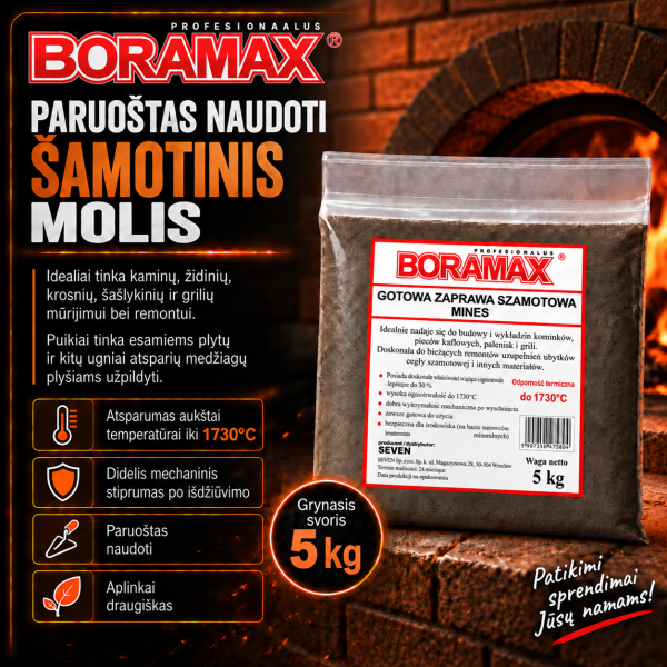 Šamotinis molis kaminam ir pečiams 5kg BORAMAX