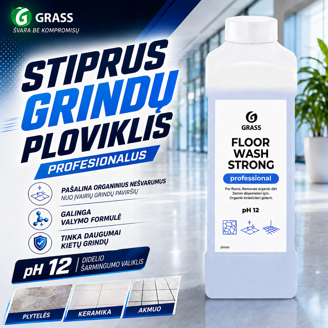 Šarminis grindų valiklis Floor wash strong 1L GRASS