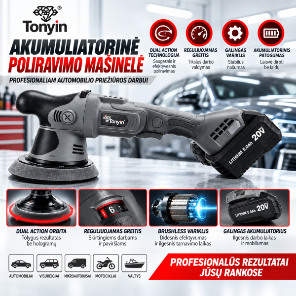 Akumuliatorinė Dual Action poliravimo mašinėlė TONYIN Cordless DA Polisher –  20V ekscentrinė 5"125