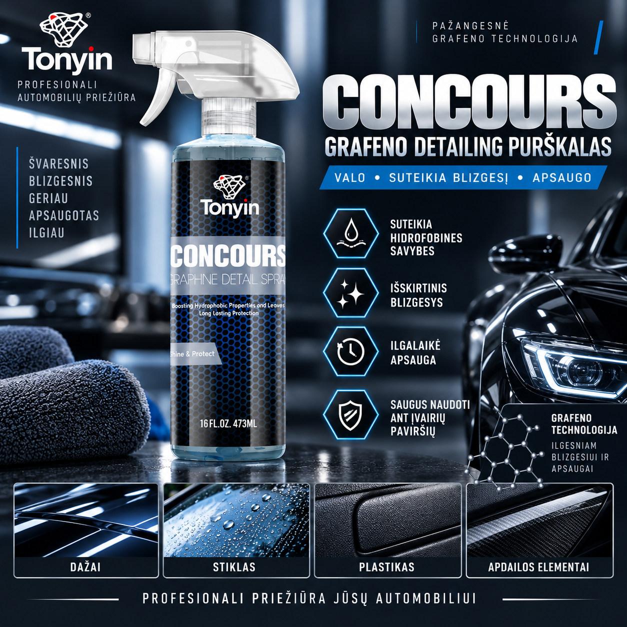 Grafeno purškiamas vaškas automobiliui CONCOURS Graphene Detail Spray 473 ml TONYIN
