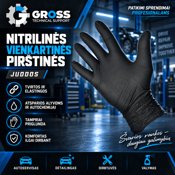 Nitrilinės vienkartinės pirštinės be pudros juodos 100 vnt (L) GROSS