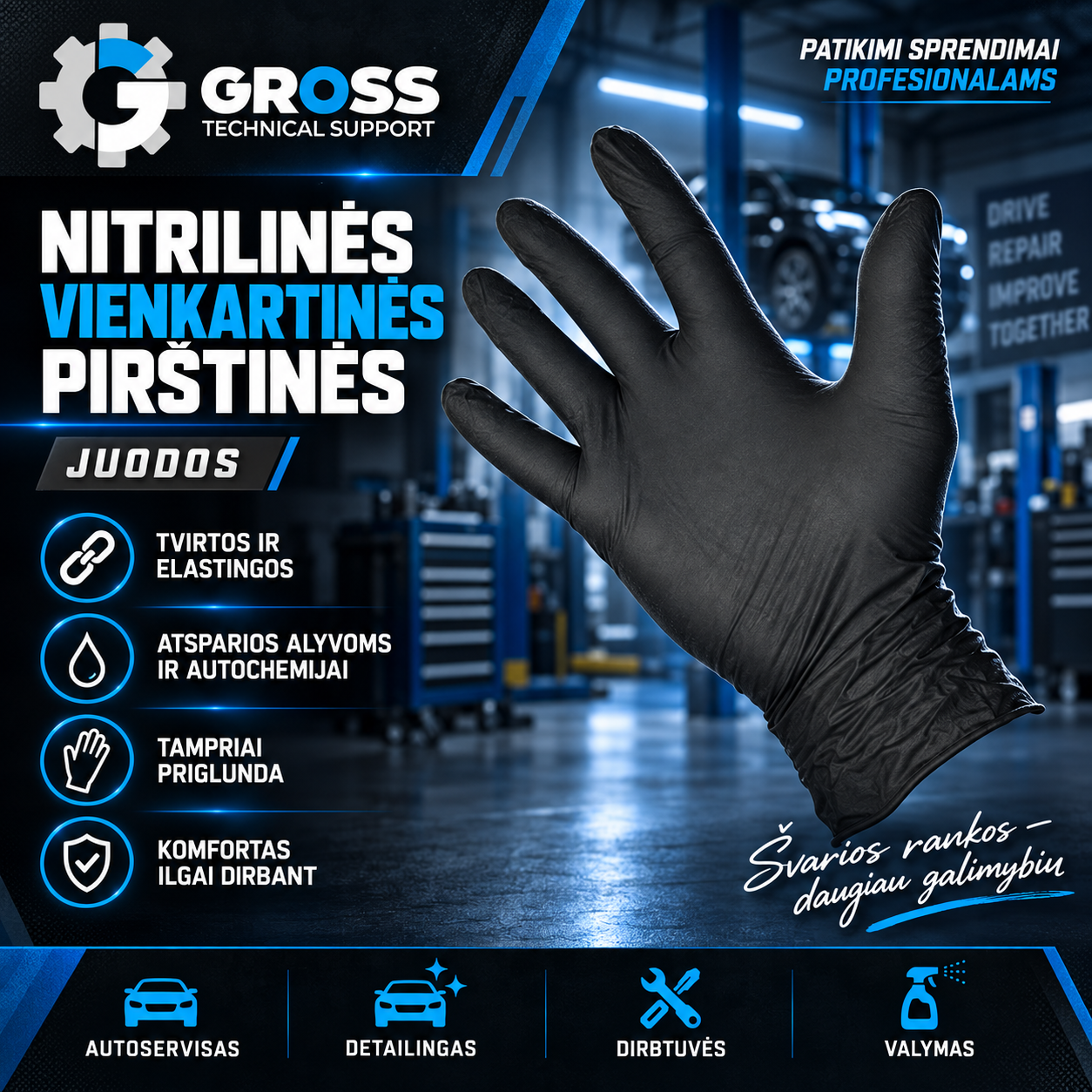 Nitrilinės vienkartinės pirštinės be pudros juodos 100 vnt (L) GROSS