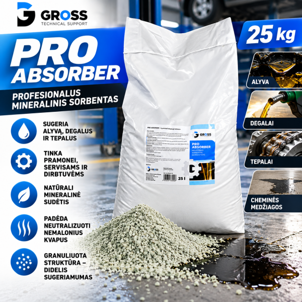 Profesionalus sorbentas (absorbentas) alyvai ir cheminėms medžiagoms PRO ABSORBER 25 kg GROSS