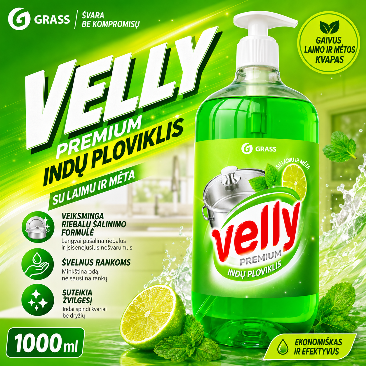 Indų plovimo priemonė Velly Premium mėtų ir laimo kvapas, 1L GRASS