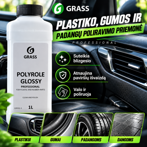 Profesionalus blizgus plastiko ir gumos poliruoklis Polyrole Glossy 1L GRASS